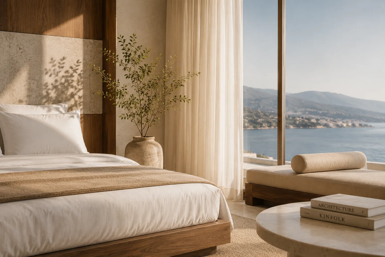 Hotel bedding styled with an ocean view, set for LIGNUM Hospitality